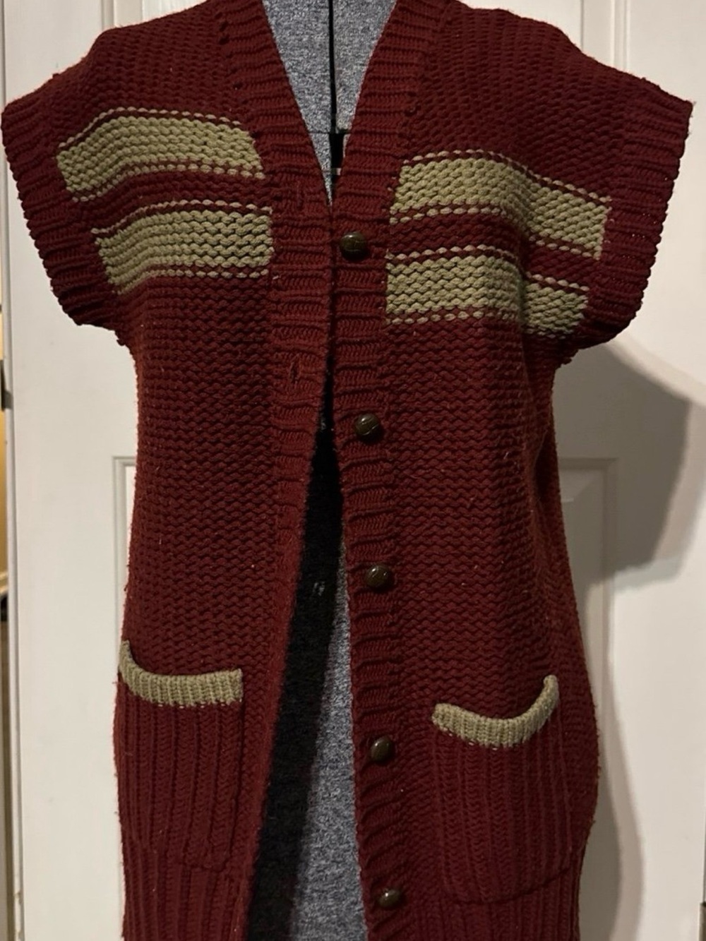 Sunday’s Best Women's Burgundy Knit Button-Front Sweater Vest with Olive Accents
